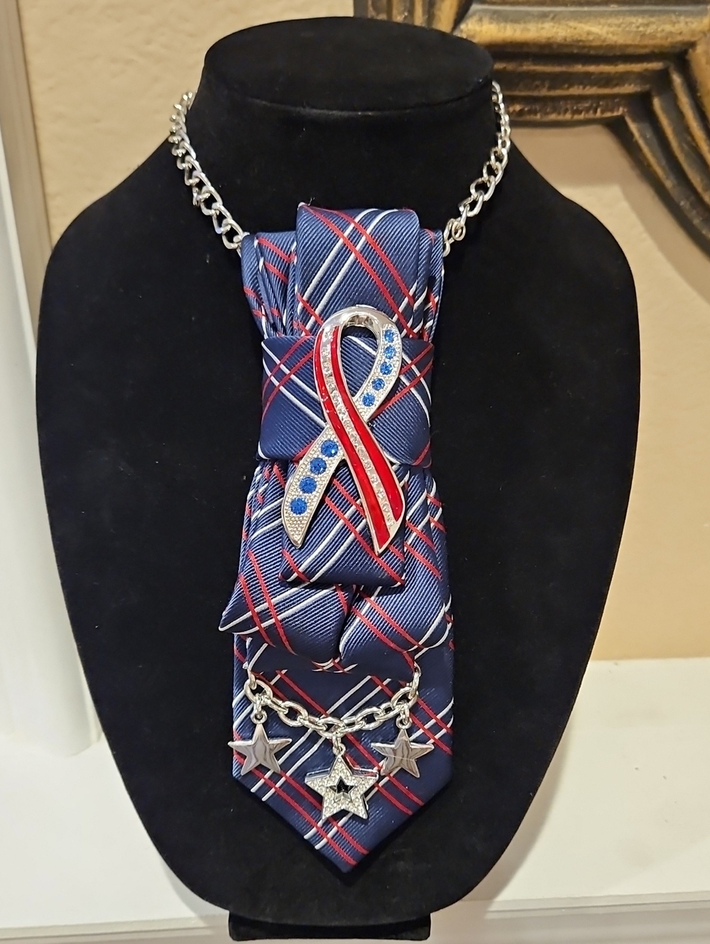 Support Our Troops Navy & Red Plaid Necktie Necklace w/ Ribbon Pin & Star Charms